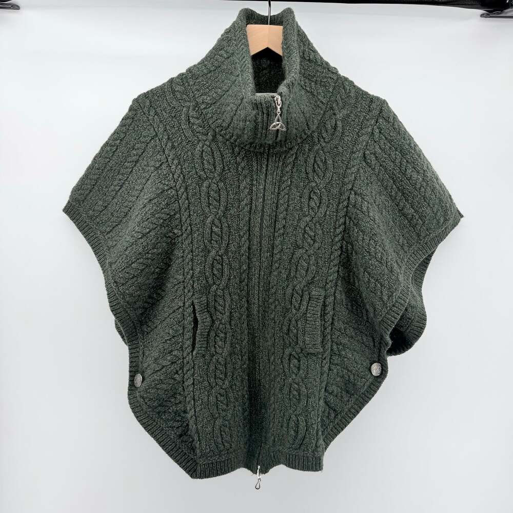 Aran Crafts Ireland 100% Merino Wool Zip Funnel Neck Cable Knit Poncho Green S/M